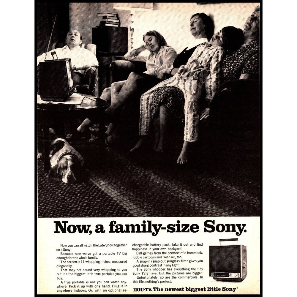 1970 Sony Television Family Size Portable TV Vintage Print Ad Sleeping Kids Art